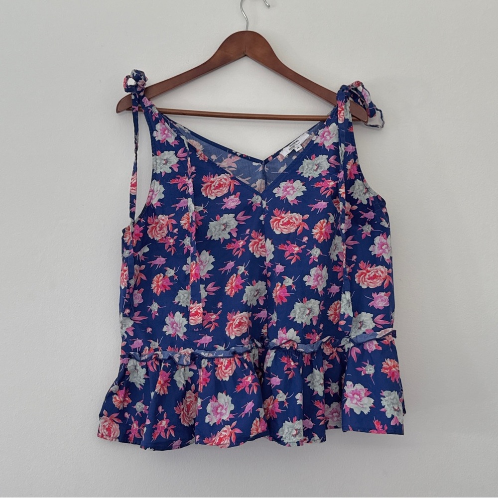 Jason Wu Navy Floral Coquette Tie Strap Peplum Cotton V-Neck Camisole size 14